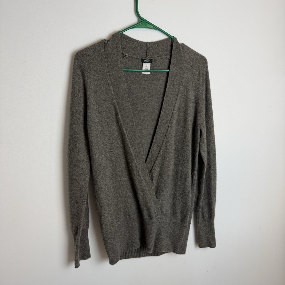 J Crew Sweater Womens S Green Brown Surplice V Neck Wool Cashmere Blend Pullover